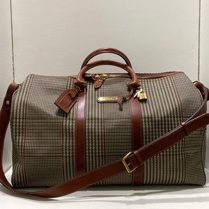 POLO RALPH LAUREN Houndstooth Coated Canvas / Brown Leather Trim Duffle Bag
